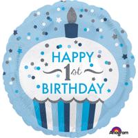 Folieballon 1 Jaar Cupcake Blauw Rond (43cm) - thumbnail