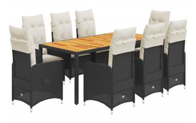 9-delige Bistroset met kussens poly rattan zwart - thumbnail