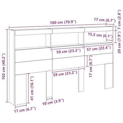 Hoofdbordkast met LED 180x17x102 cm eikenkleurig zwart