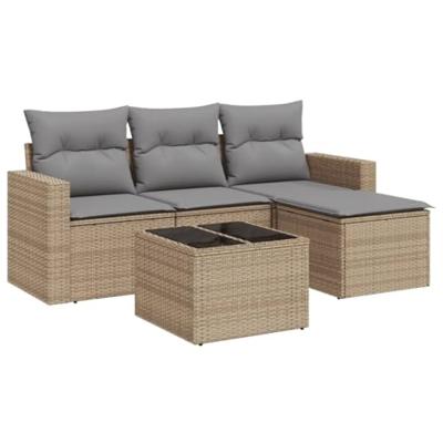 5-delige Loungeset met kussens poly rattan beige