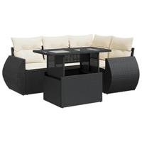5-delige Loungeset met kussens poly rattan zwart - thumbnail