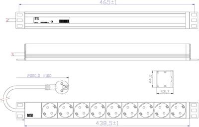 Bachmann 333.401 19 inch Stekkerdoos voor patchkast 1 HE Geaarde contactdoos Lichtgrijs