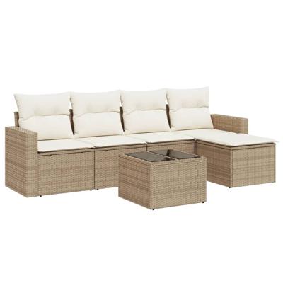 6-delige Loungeset met kussens poly rattan beige