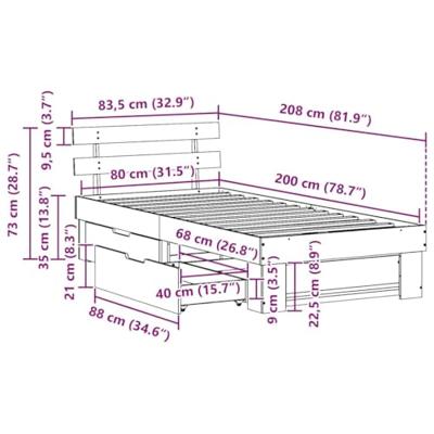 Bedframe met lade met hoofdeinde met opslag Bruin 80 x 200 cm Massief grenenhout Bedframe met lade met hoofdeinde met opslag Bruin 80 x 200 cm Massief grenenhout