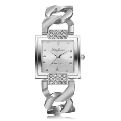 Vierkante wijzerplaat Diamond plated holle legering armband riem quartz horloge voor vrouwen (Zilveren band wit oppervlak)