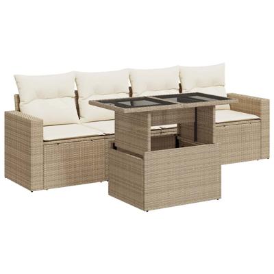 5-delige Loungeset met kussens poly rattan beige