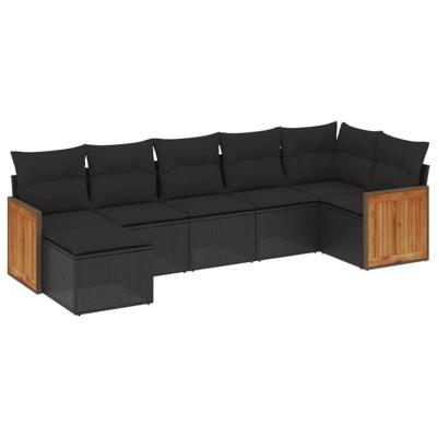 7-delige Loungeset met kussens poly rattan zwart - thumbnail