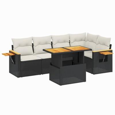 6-delige Loungeset met kussens poly rattan zwart