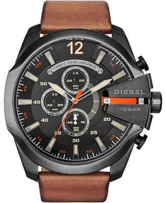 Diesel Mega Chief chronograaf zwartbruin herenhorloge met leren band Dz4343
