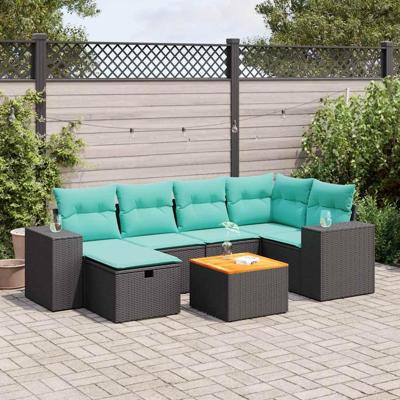 7-delige Loungeset met kussens poly rattan zwart
