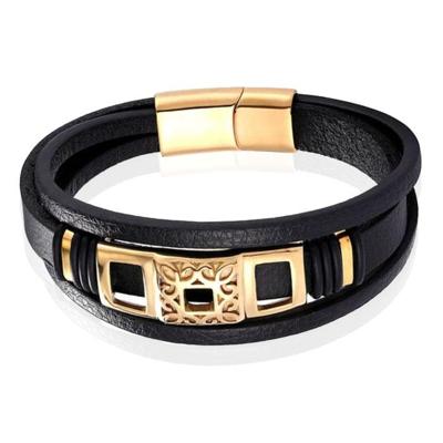 Mendes Jewelry Luxe Heren Armband in Zwart Leer met Gouden Elementen-23cm Mendes Jewelry Luxe Heren Armband in Zwart Leer met Gouden Elementen-23cm