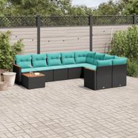10-delige tuinbankset met kussens van zwart polyrotan - thumbnail