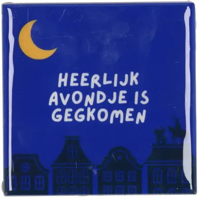 Daan Kromhout Design tegeltje keramiek heerlijk avondje 10x10cm blauw