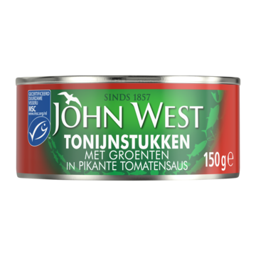 John West Tonijnstukken met Groenten in Pikante Tomatensaus 150g bij Jumbo John West Tonijnstukken met Groenten in Pikante Tomatensaus 150g bij Jumbo
