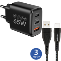 MOJOGEAR CHARGE+ 65W snellader met USB naar USB-C kabel 3 meter | Geschikt voor Samsung/iPhone 15/16 - thumbnail