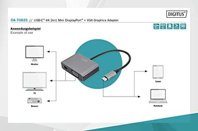 Digitus DA-70825 Mini-displayport / USB-C / VGA Adapter [1x USB-C - 2x Mini-DisplayPort bus, VGA-bus] Zwart Afgeschermd, Rond 0.2 m