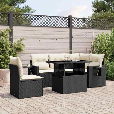 6-delige Loungeset met kussens poly rattan zwart