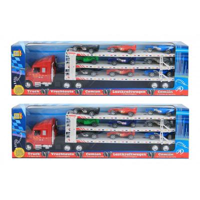 Jonotoys Grote vrachtauto met oplegger en 9 race auto&apos;s er op 58 cm lang