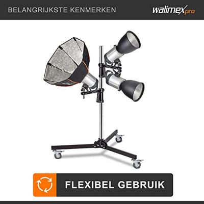Walimex pro Rolstatief 223 cm, robuust studiostatief met 2 snel verschuifbare klemhouders en stabiele wielen, belastbaar tot 12 kg, ideaal voor de veelzijdige bevestiging van studio-apparatuur