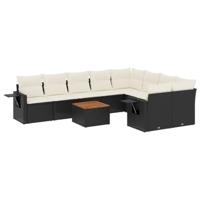 10-delige Loungeset met kussens poly rattan zwart - thumbnail