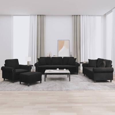 4-delige Loungeset met kussens fluweel zwart - thumbnail