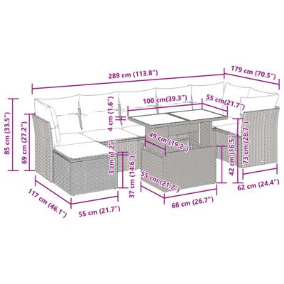 8-delige Loungeset met kussens poly rattan zwart