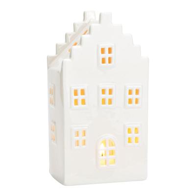 Windlicht huis glanzend van keramiek, wit (B/H/D) 11x20x8cm