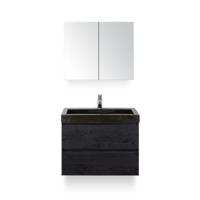 Maxx XL Badmeubelset 80 cm - Black Oak - Wastafel Lucca 1 kraangat - met Spiegelkast - thumbnail