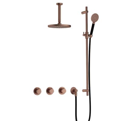 Hotbath Cobber - CB7067 - Inbouw Regendoucheset - Geborsteld Koper PVD - 2 Stopkranen - Thermostatisch - Plafondbuis 15 cm - Hoofddouche 200 mm - Ronde Handdouche 3 Standen - Glijstang 900 mm - Waterbesparend