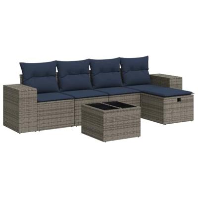 6-delige Loungeset met kussens poly rattan grijs