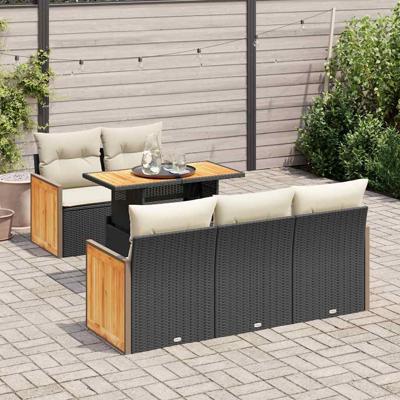 6-delige Loungeset met kussens poly rattan acacia zwart - thumbnail