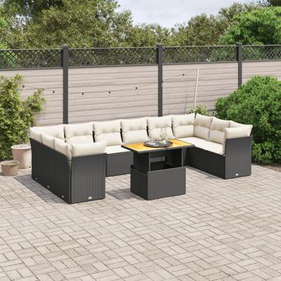 11-delige Loungeset met kussens poly rattan zwart