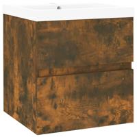 Wastafelkast met ingebouwde wasbak bewerkt hout gerookt eiken - thumbnail