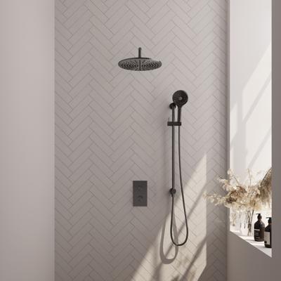 Regendoucheset Inbouw Brauer Gunmetal Carving Thermostatisch 30 cm met 3-Weg Omstelling, Gebogen Wandarm, Glijstang en 3-Standen Handdouche Geborsteld