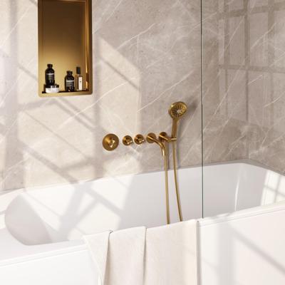 Brauer Stripe thermostatische inbouw badkraan SET 02 met uitloop en 3-standen handdouche en doucheslang en wandaansluitbocht goud geborsteld PVD