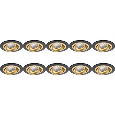 10x GU10 Kantelbare Inbouwspot Rond Zwart/Goud Ø92mm - Aluminium