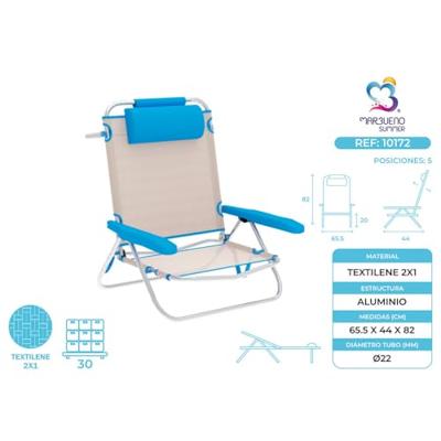 Marbueno Klapstoel 5 Standen Aluminium met Beige/Blauw Kussen Strand en Zwembad 61X68X82 cm 10172