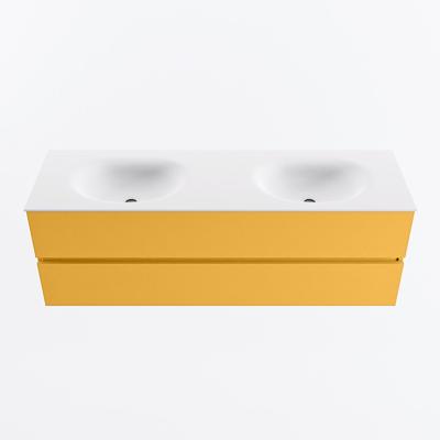 MONDIAZ VICA 150cm badmeubel onderkast Ocher 2 lades. Wastafel MOON dubbel zonder kraangat, kleur Talc.