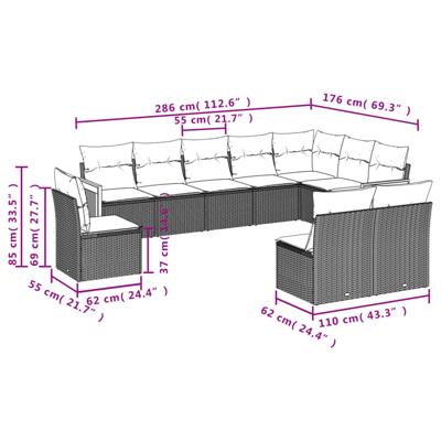10-delige Loungeset met kussens poly rattan zwart - thumbnail