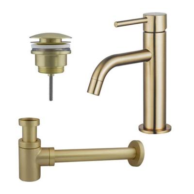 Fortifura Calvi Slim Wastafelkraanset - lage wastafelkraan - klikwaste plug - verlaagde design sifon - Geborsteld Messing PVD (Goud) SW720545/SW696202/SW696218