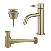 Fortifura Calvi Slim Wastafelkraanset - lage wastafelkraan - klikwaste plug - verlaagde design sifon - Geborsteld Messing PVD (Goud) SW720545/SW696202/SW696218 - thumbnail
