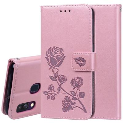 Rose reliëf horizontale Flip PU lederen case voor Galaxy A40 met houder & kaartsleuven & portemonnee (Rose goud)