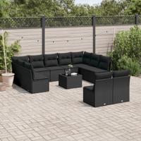 12-delige Loungeset met kussens poly rattan zwart - thumbnail