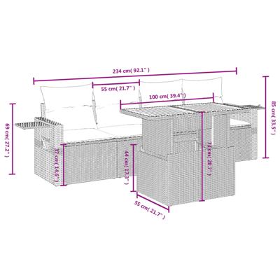 5-delige Loungeset met kussens poly rattan grijs