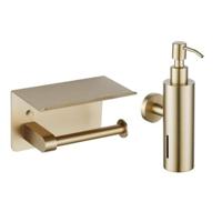 Fortifura Calvi toilet accessoireset - zeepdispenser - toiletrolhouder - met plateau - geborsteld messing SW1183053/SW1111569 - thumbnail