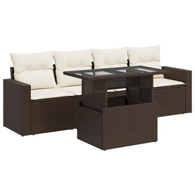 5-delige Loungeset met kussens poly rattan bruin
