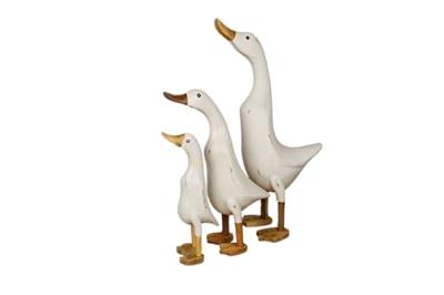 Beeld eend - white wash - bamboe|teak - set van 3 Beeld eend - white wash - bamboe|teak - set van 3