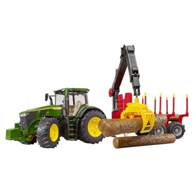 bruder John Deere 7R 350 met aanhanger en 4 boomstammen modelvoertuig - thumbnail