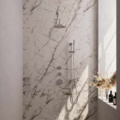 Chrome Carving thermostatische regendouche SET 15 met 20 cm douchekop en gebogen muurarm - incl. staaf handdouche, doucheslang en geïntegreerde glijstang chroom