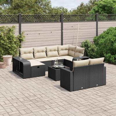 10-delige Loungeset met kussens poly rattan zwart - thumbnail